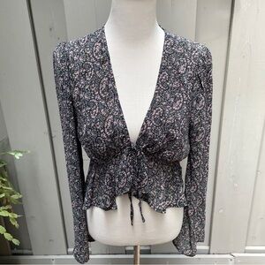 Forum for Los Angeles Black Floral Paisley Long Sleeve Wrap Over Blouse XL